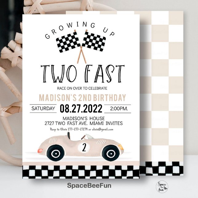 Dos invitaciones rápidas de cumpleaños Carrera de  (TWO Fast Birthday Invitation,Race Car 2nd Birthday,Invite Racing Car Vintage,Racecar Beige boho gend)