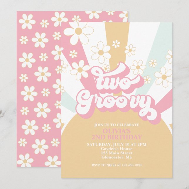 Dos Invitaciones Retro Soleadas de Verano Groovy (Anverso / Reverso)