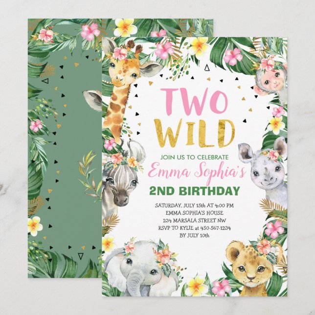 Dos invitaciones salvajes al cumpleaños de Safari (Anverso / Reverso)