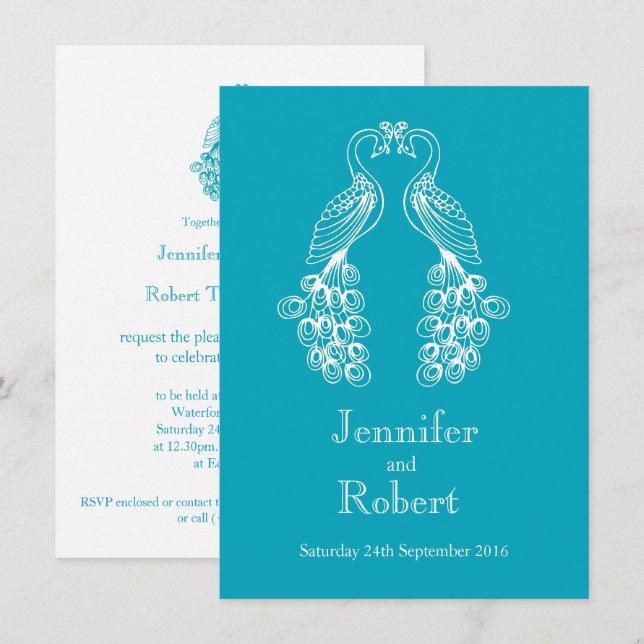 Dos invitaciones verde azuladas de bodas blancas d (Anverso / Reverso)