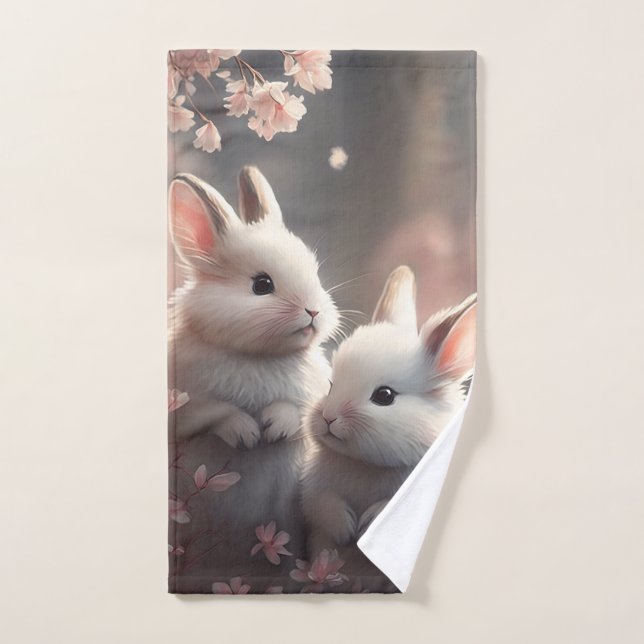 Dos lindos conejos con toalla de mano sakura (Toalla de mano)