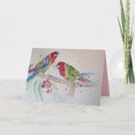 Dos Loros Rosella Acuarela en una Tarjeta de Rama