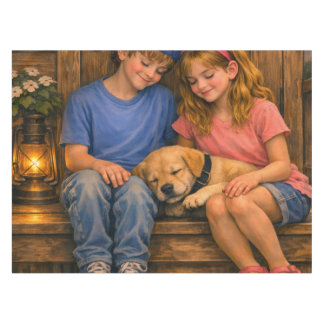Dos niños con cachorro dormido mantel rústico
