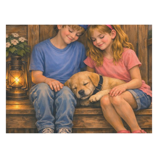 Dos niños con cachorro dormido mantel rústico (Frente (Horizontal))