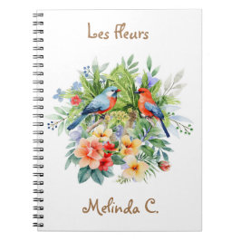 Dos pájaros con cuaderno de flores tropicales