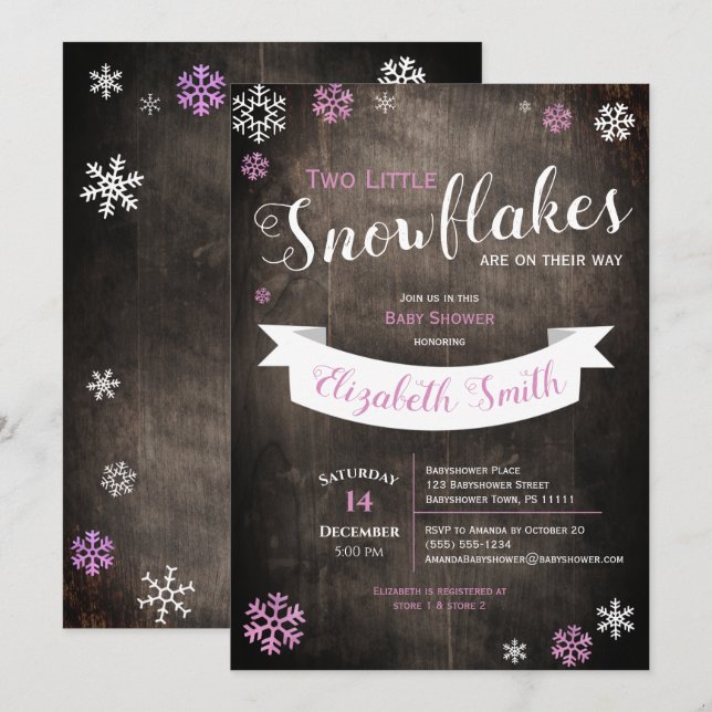 Dos pequeños copos de nieve invitación a la ducha  (Anverso / Reverso)