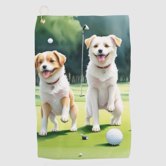 Dos Perros Jugando Toalla De Golf (Anverso)