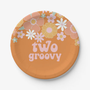 Dos platos de papel florales retro groovy para seg