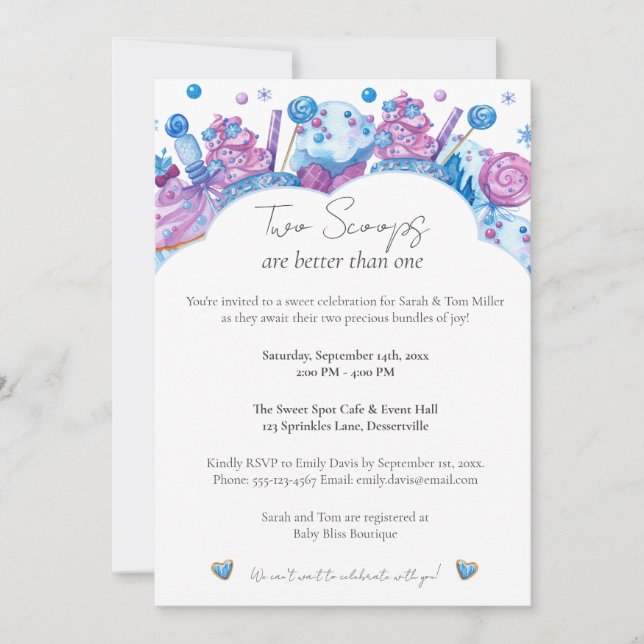Dos Scoops Sweet Twin Invitación Baby Shower (Anverso)