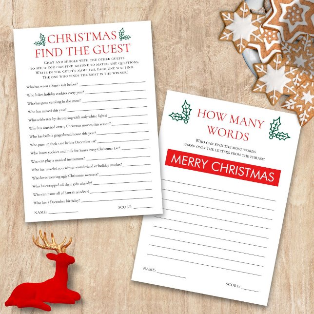 Dos Tarjetas de Juegos de Navidad Imprimibles (Front and back view)