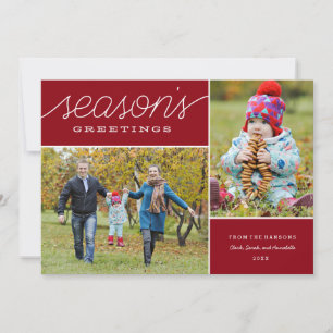 Dos tarjetas navideñas fotográficas Red "Season's 
