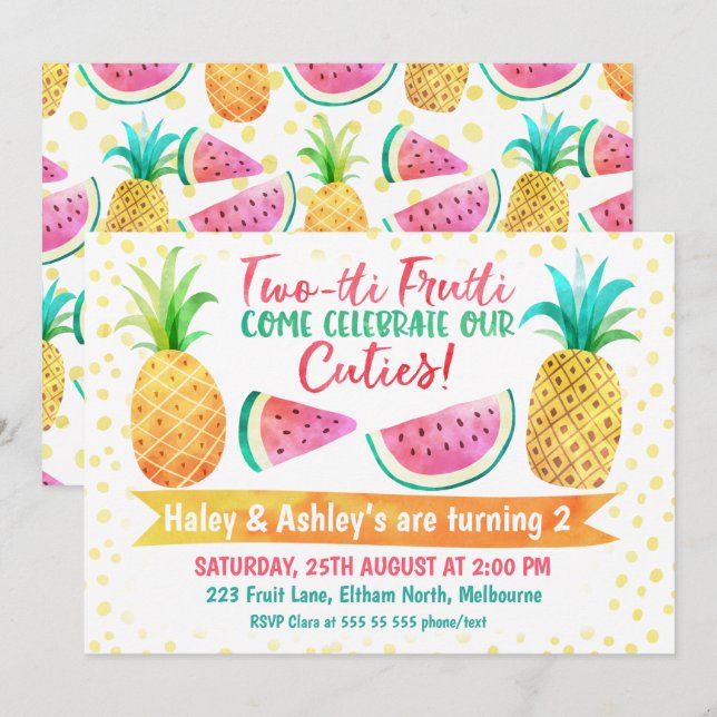 Dos-Tii Chica Frutti Twins Invitación de cumpleaño (Anverso / Reverso)