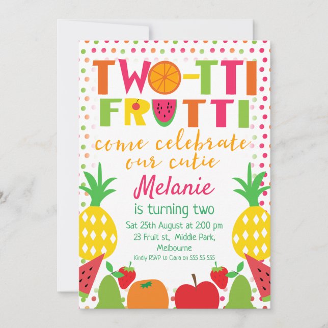 Dos-tii Fruit Come Celebrar la invitación de cumpl (Anverso)