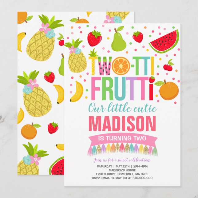 Dos-tti Frutti Party Invitación Segunda Fiesta de  (Anverso / Reverso)