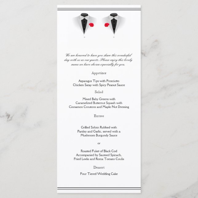 Dos tuxedos en el menú Boda gay blanco (Anverso)