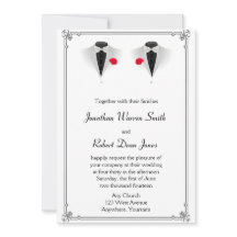 Dos tuxedos sobre la invitación a la boda gay blan