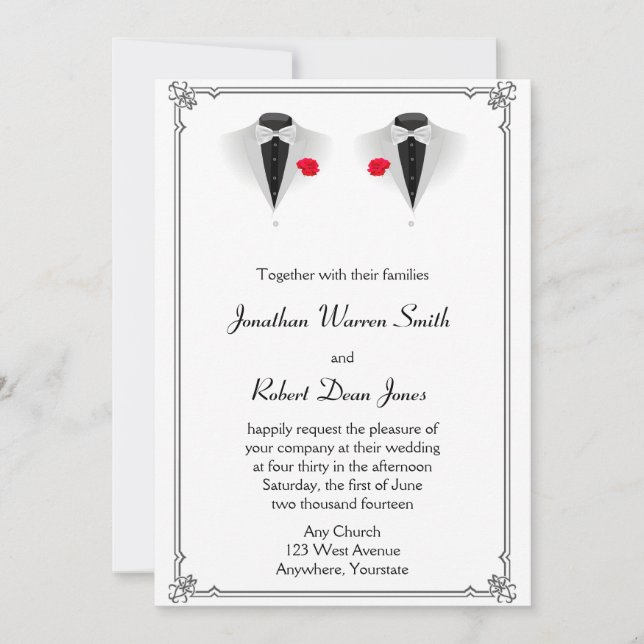 Dos tuxedos sobre la invitación a la boda gay blan (Anverso)