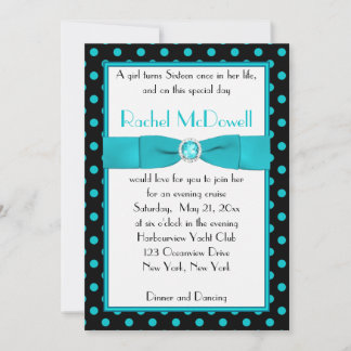 Dot negro y Aqua Polka Dot Sweet 16 invitaciones