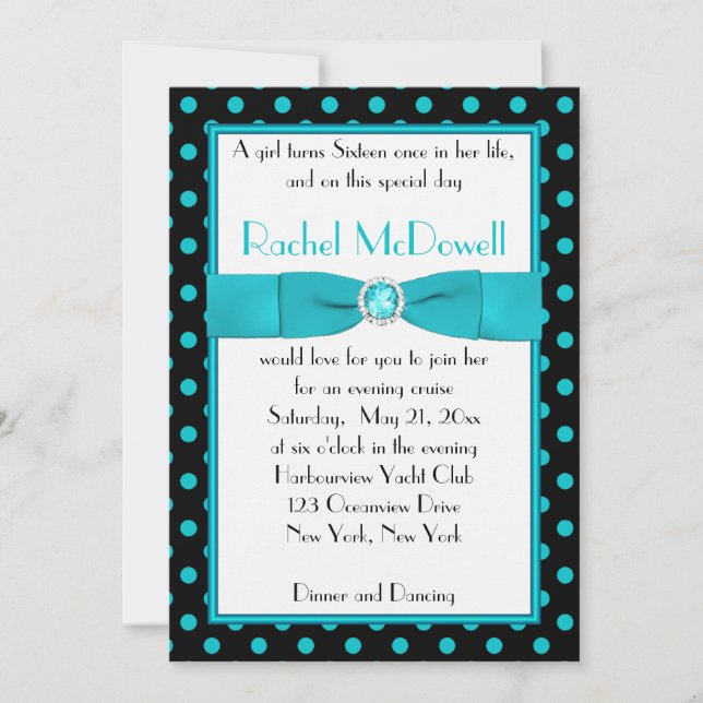 Dot negro y Aqua Polka Dot Sweet 16 invitaciones (Anverso)