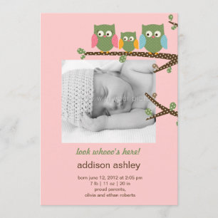 Dotty Owls Baby Girl Anuncio de nacimiento