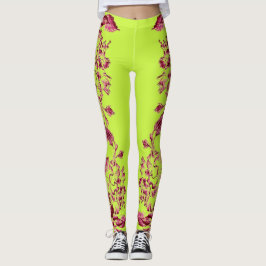 Double Hibiscus Pink on Lime  Leggings