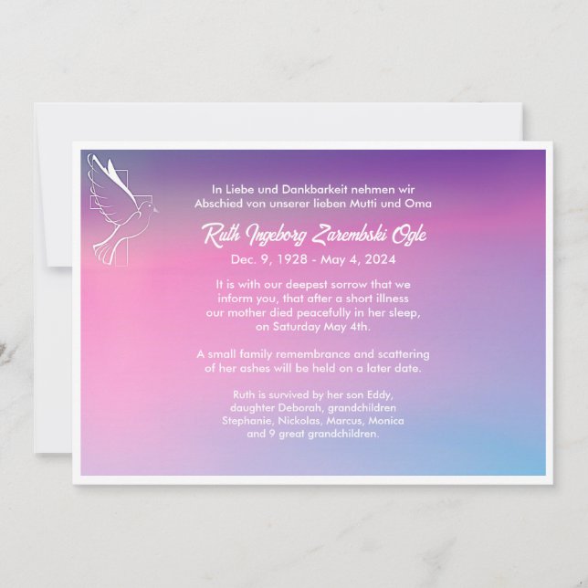 Dove European Style Death Invitación Card (Anverso)