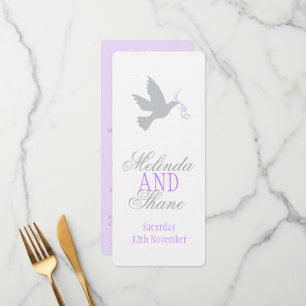 Dove gris con menú de cena boda morado