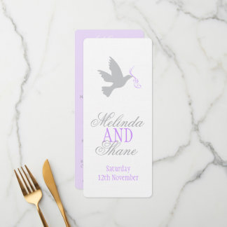 Dove gris con menú de cena boda morado