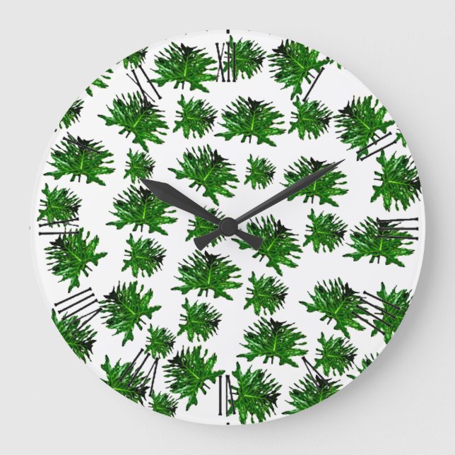 Dracaena verde hojas de fern, reloj de pared (Anverso)