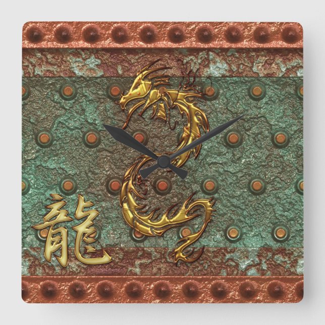 Dragón asiático y reloj de pared de kanji dorado (Anverso)