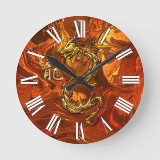 Dragón asiático y reloj de pared Metalizado Kanji 