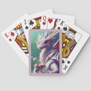 Dragón blanco con flores jugando cartas