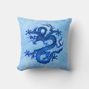 Dragón chino, azul índigo y Cojín decorativo blanc
