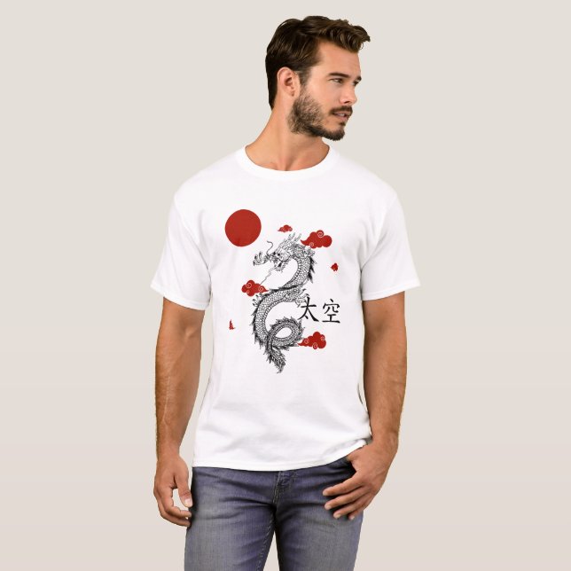 Dragón chino blanco rojo con camiseta (Anverso completo)