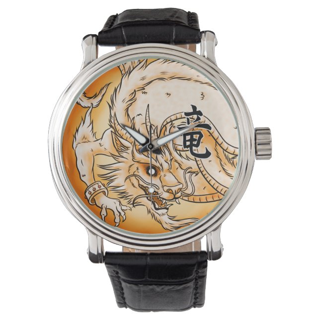 Dragón chino reloj de cuero negro (Anverso)