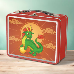Dragón Chino Verde sobre Rojo