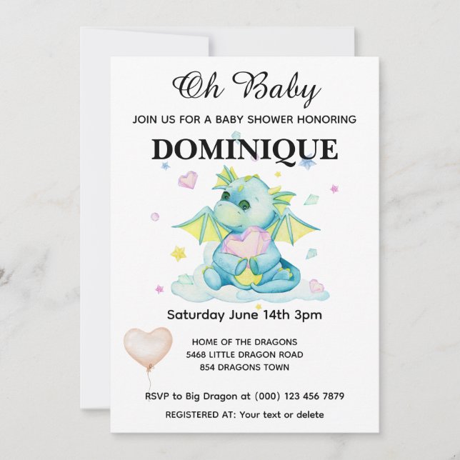 Dragón con corazón - Invitación de Baby Shower (Anverso)