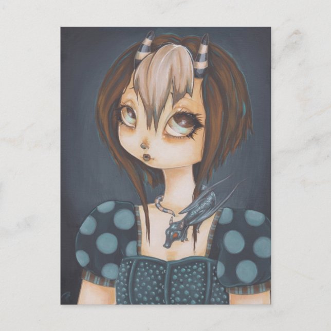 Dragón de hadas gótico en postal azul (Anverso)