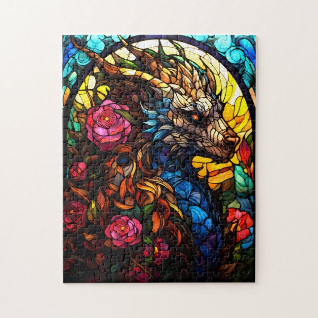 Dragón de vidrio manchado con rompecabezas de flor (Vertical)