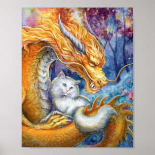 Dragón Dorado y Gato Blanco en Arte de Acuarela de