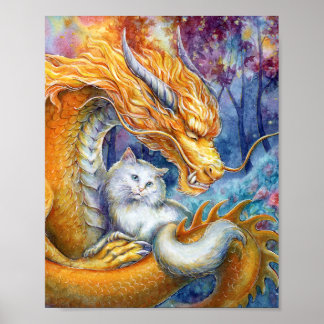 Dragón Dorado y Gato Blanco en Arte de Acuarela de