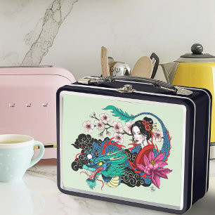 Dragón Geisha Asiática Flor de Cerezo Azul