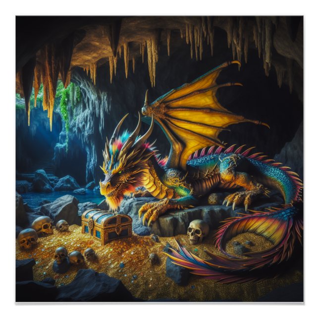 Dragón guardián de sus tesoros arte Poster fantasí (Anverso)