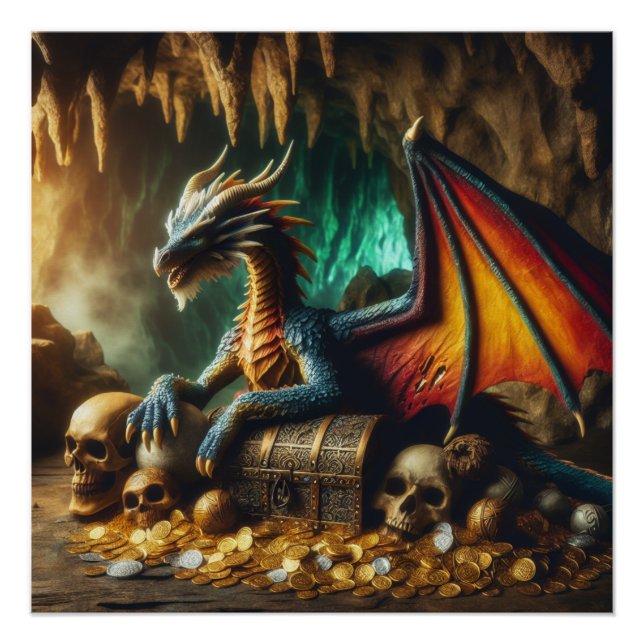 Dragón guardián de sus tesoros arte Poster fantasí (Anverso)