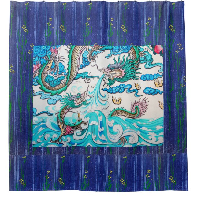 DRAGÓN JAPONÉS SOBRE CORTINA AZUL DE DUCHA (Anverso)