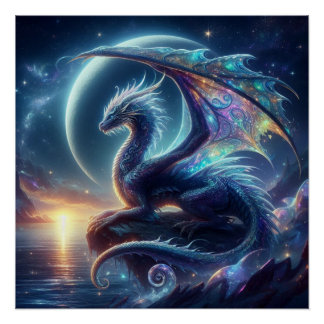 Dragón místico iluminado por luna junto al Poster 