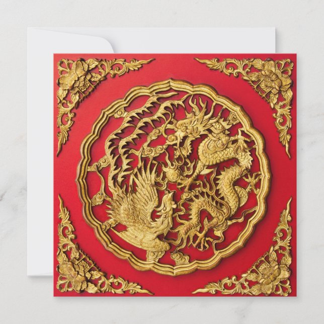 Dragon Phoenix Red Gold Invitación a la Boda China (Anverso)
