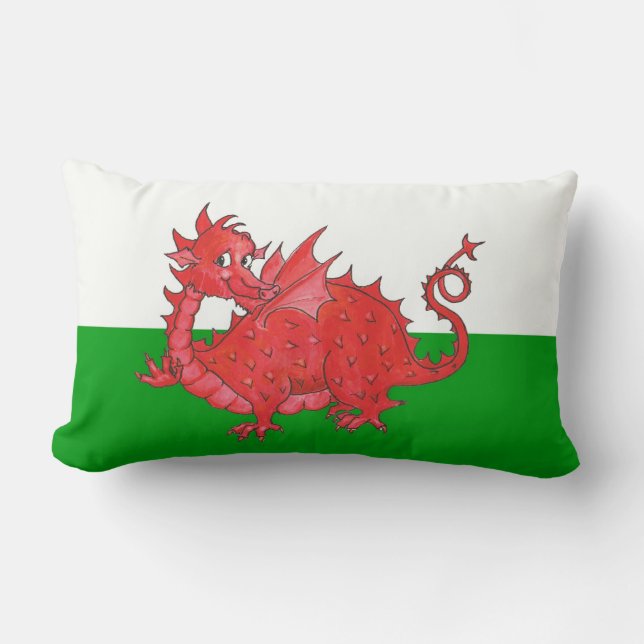 Dragón rojo curado sobre almohada lumbar verde y b (Anverso)