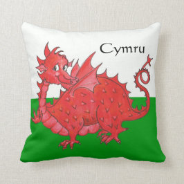 Dragón rojo lindo, almohada verde y blanca o