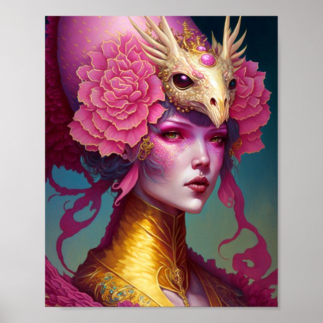 Dragón Rosa Cráneo Mujer Fantasía Arte (Frente)